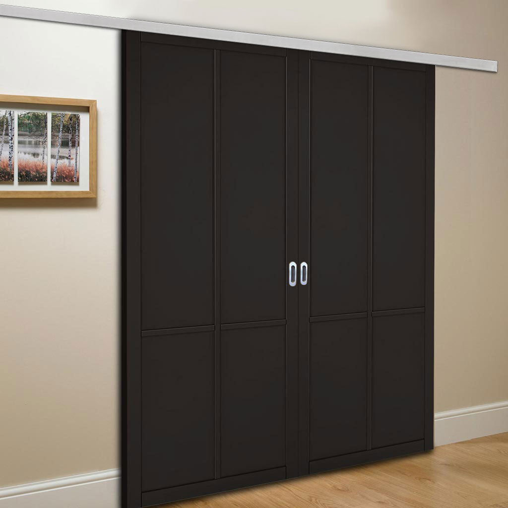 Premium Double Sliding Door & Wall Track - Liberty 4 Panel Door - Black Painted - Prefinished