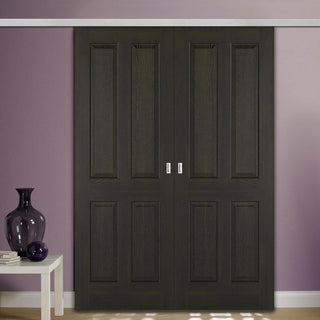 Image: Premium Double Sliding Door & Wall Track - Regency 4 Panel Smoked Oak Door - Prefinished