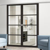 Premium Double Sliding Door & Wall Track - Soho 4 Pane Door - Clear Glass - Black Painted