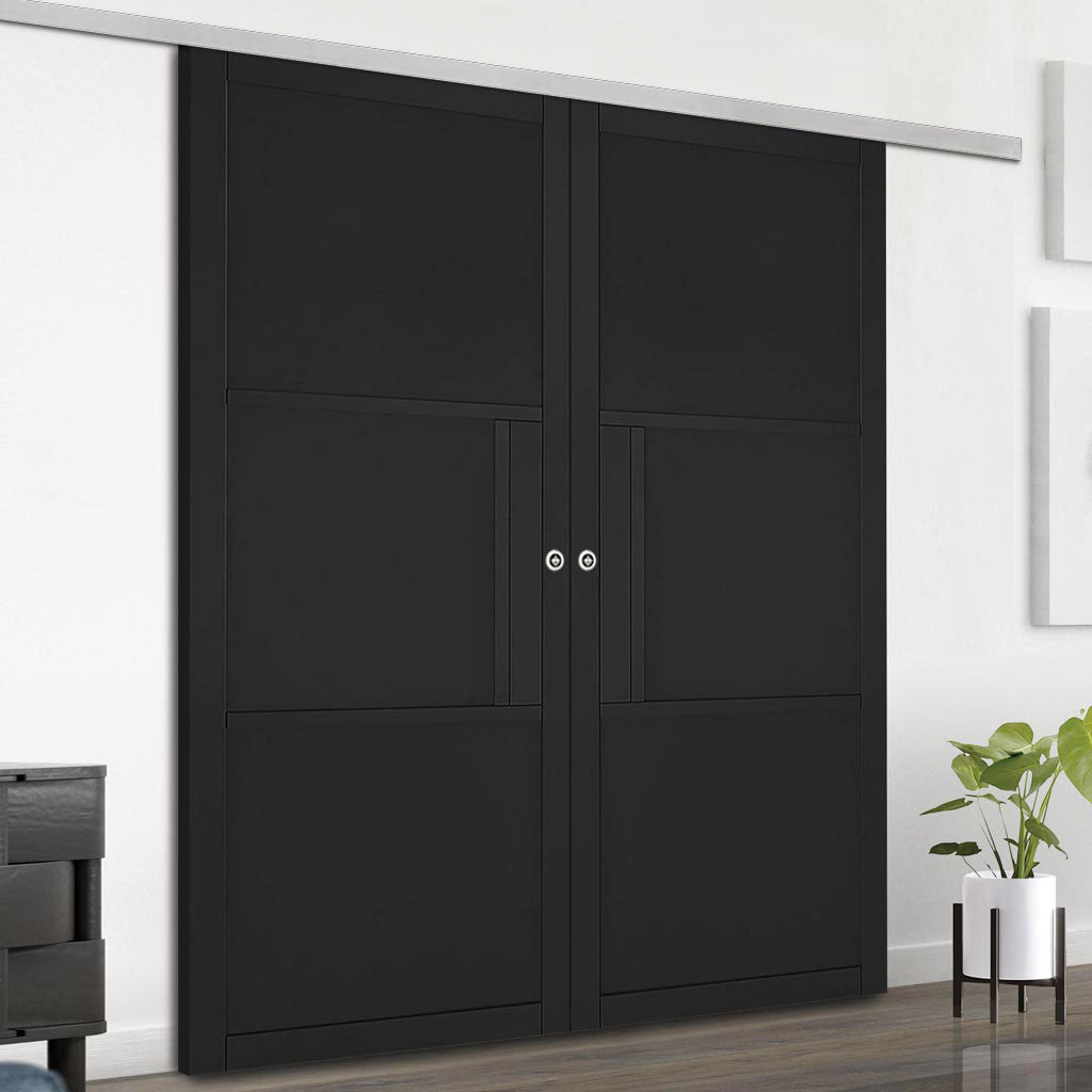 Premium Double Sliding Door & Wall Track - Tribeca 3 Panel Black Painted Door - Prefinished