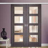 Premium Double Sliding Door & Wall Track - Vancouver 4 Pane Ash Grey Door - Clear Glass - Prefinished