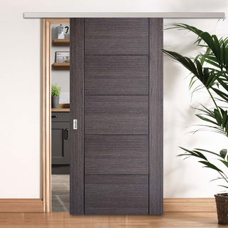 Image: Premium Single Sliding Door & Wall Track - Vancouver Flush Ash Grey Door - Prefinished