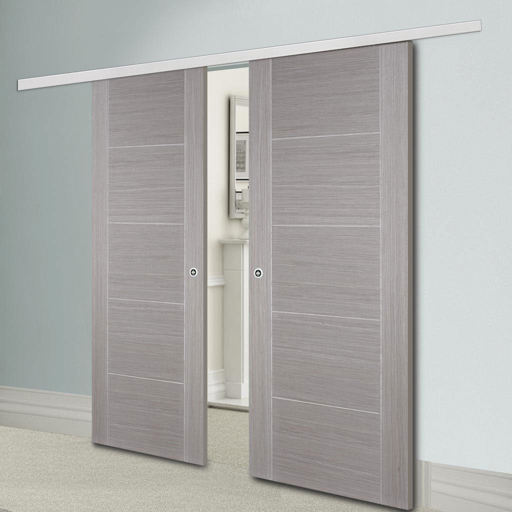 Premium Double Sliding Door & Wall Track - Vancouver Light Grey Door - Prefinished