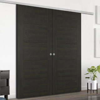 Image: Premium Double Sliding Door & Wall Track - Vancouver Smoked Oak Flush Internal Doors - Prefinished