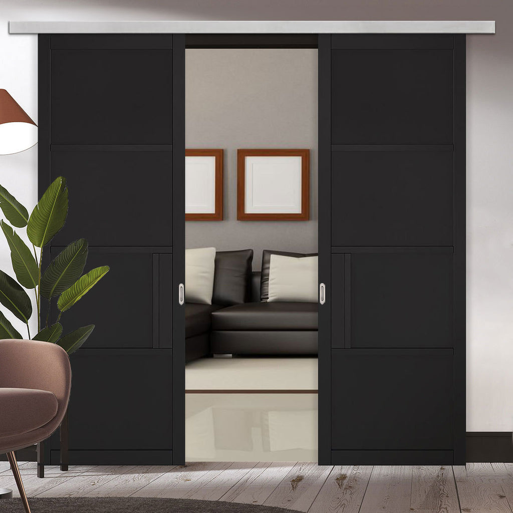 Premium Double Sliding Door & Wall Track - Chelsea 4 Panel Black Painted Door - Prefinished