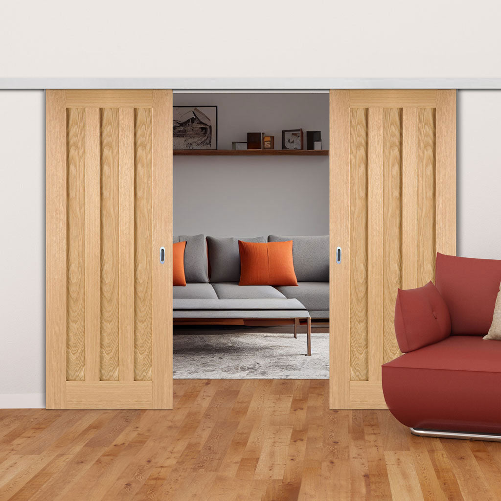 Premium Double Sliding Door & Wall Track - Idaho 3 Panel Oak Door - Prefinished