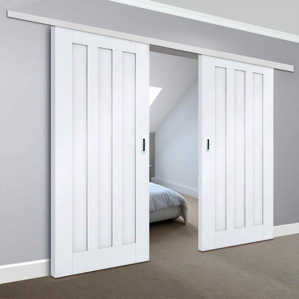 Premium Double Sliding Door & Wall Track - Idaho 3 Panel Door - White Primed