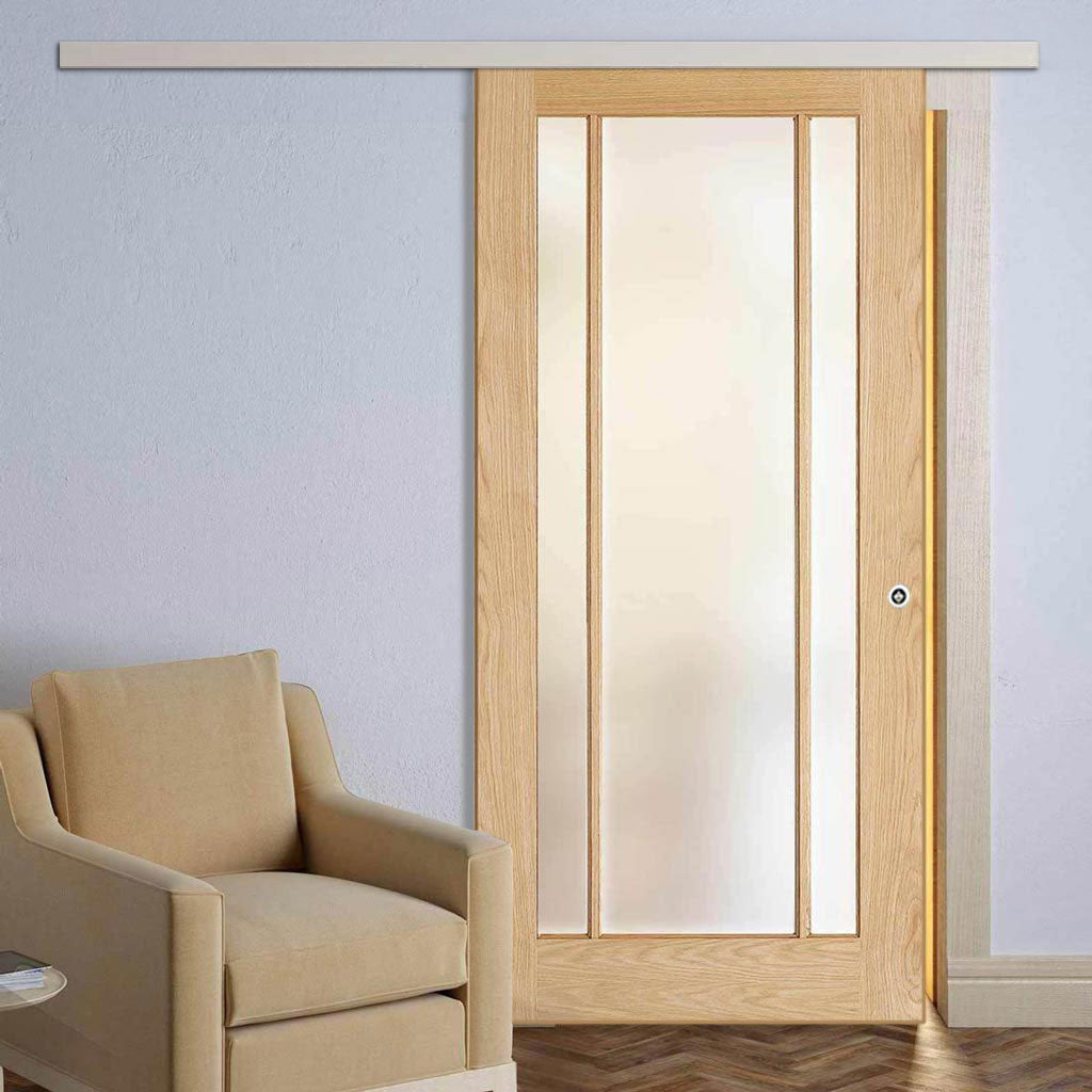 Premium Single Sliding Door & Wall Track - Lincoln 3 Pane Oak Door - Frosted Glass - Unfinished