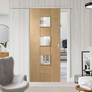 Image: Premium Single Sliding Door & Wall Track - Messina Oak Door - Clear Glass - Prefinished