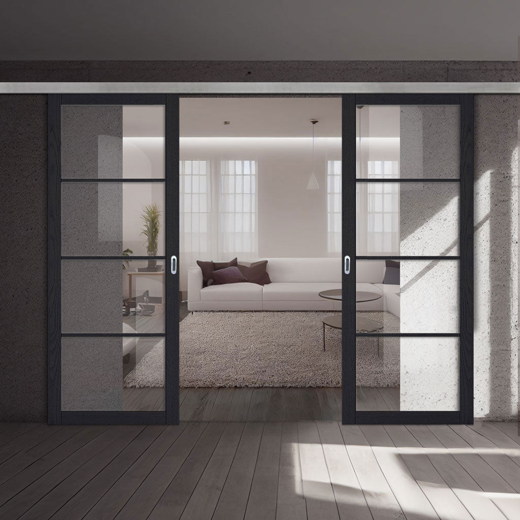 Premium Double Sliding Door & Wall Track - Soho 4 Pane Charcoal Door - Clear Glass - Prefinished