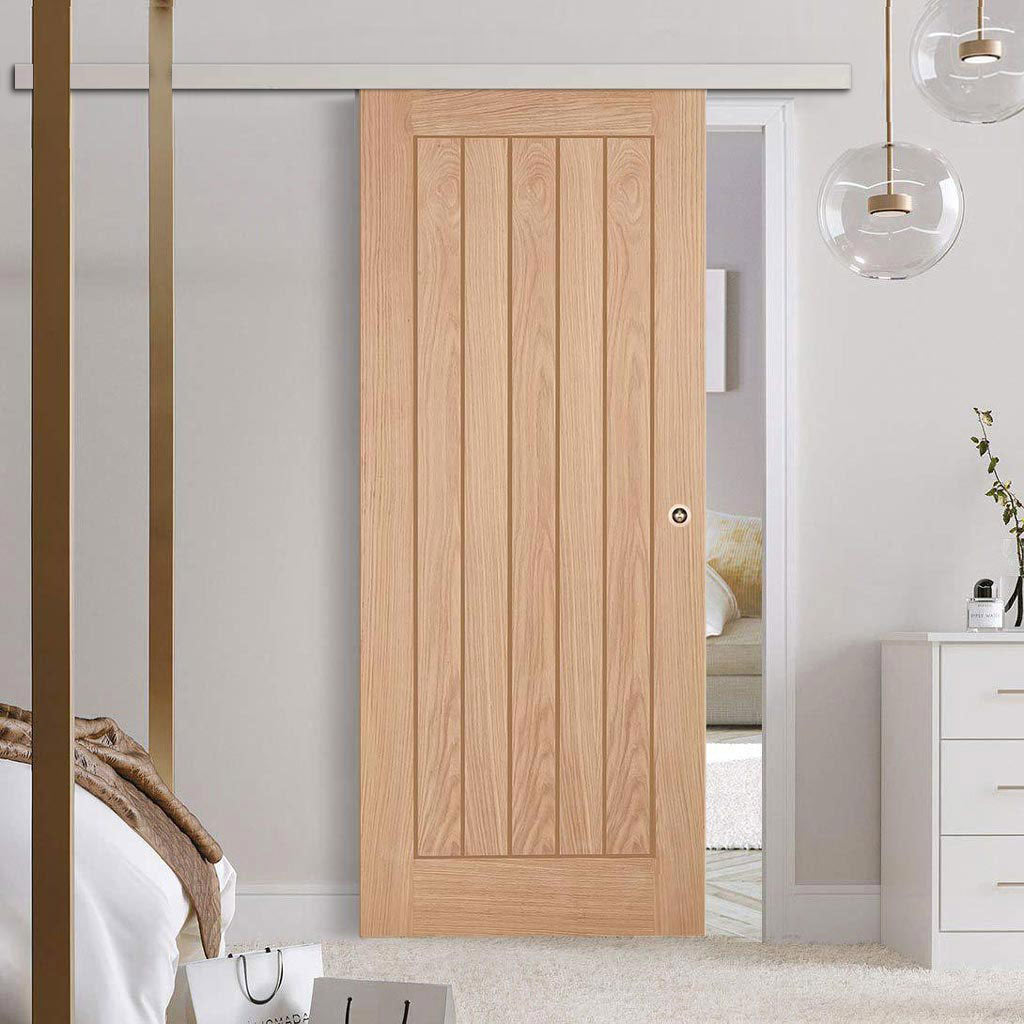 Premium Single Sliding Door & Wall Track - Belize Flush Oak Door - Unf