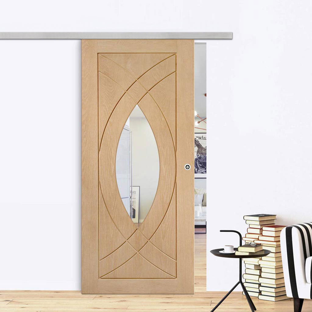 Premium Single Sliding Door & Wall Track - Treviso Oak Door - Clear Gl