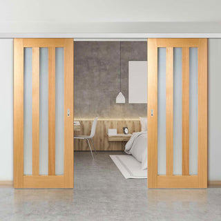 Image: Premium Double Sliding Door & Wall Track - Utah 3 Pane Oak Door - Frosted Glass - Prefinished