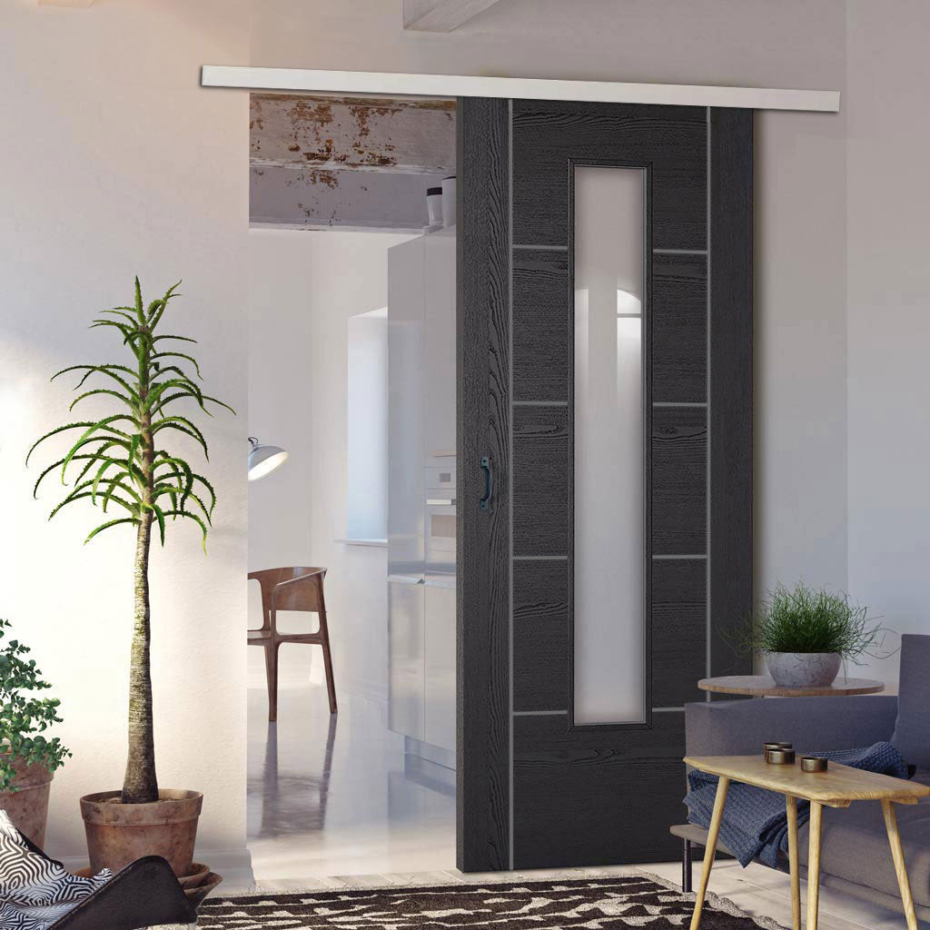 Premium Single Sliding Door & Wall Track - Laminate Vancouver Black Door - Prefinished - Clear Glass - Prefinished