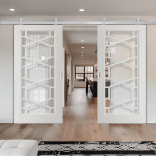 Image: Top Mounted Stainless Steel Sliding Track & Double Door - Shaker Quartz Glazed Internal Door - White Primed