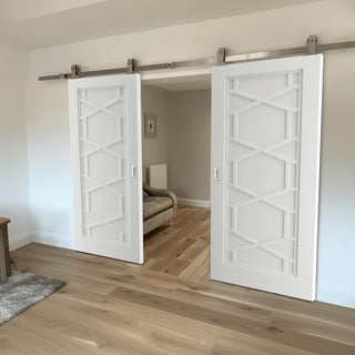 Image: Top Mounted Stainless Steel Sliding Track & Double Door - Shaker Quartz Internal Door - White Primed