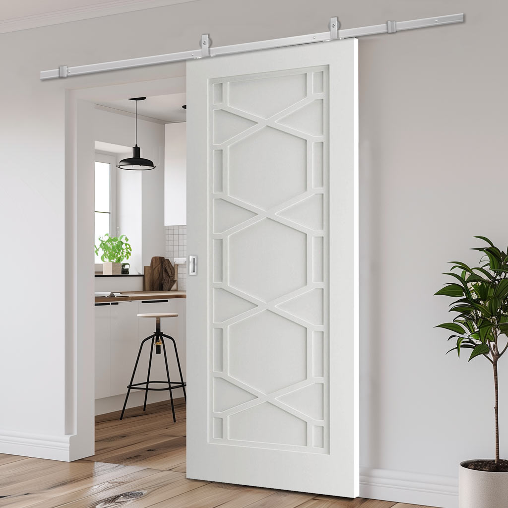 Top Mounted Stainless Steel Sliding Track & Door - Shaker Quartz Internal Door - White Primed