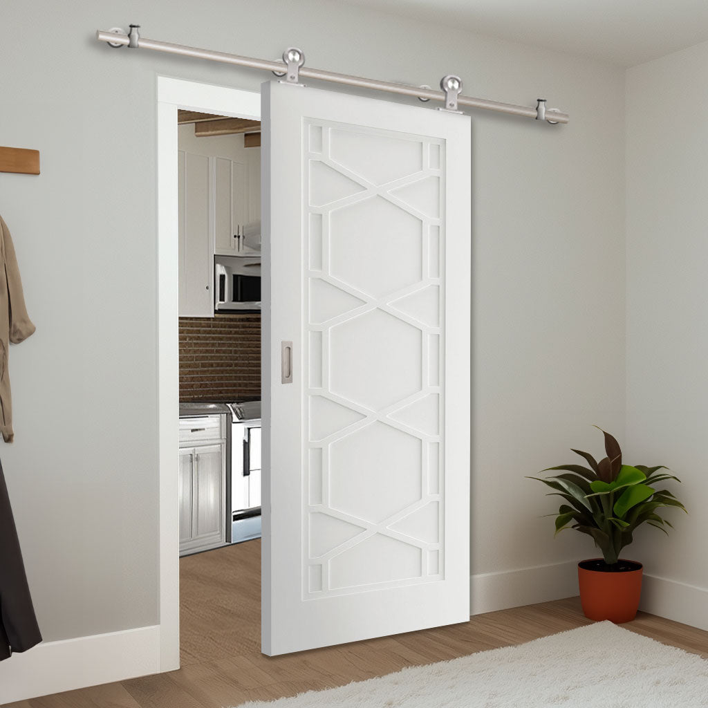 Sirius Tubular Stainless Steel Sliding Track & Door - Shaker Quartz Internal Door - White Primed