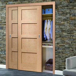 Image: Minimalist Wardrobe Door & Frame Kit - Two Shaker Oak 4 Panel Door - Prefinished