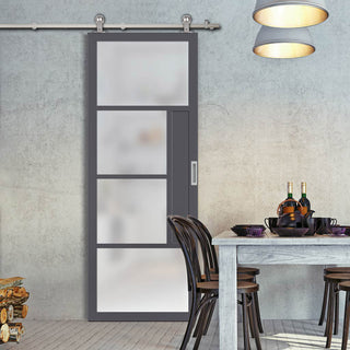 Image: Sirius Tubular Stainless Steel Track & Solid Wood Door - Eco-Urban® Boston 4 Pane Door DD6311SG - Frosted Glass - 6 Colour Options