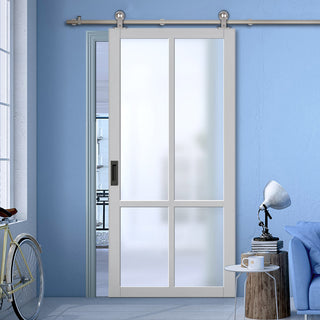 Image: Sirius Tubular Stainless Steel Track & Solid Wood Door - Eco-Urban® Bronx 4 Pane Door DD6315SG - Frosted Glass - 6 Colour Options