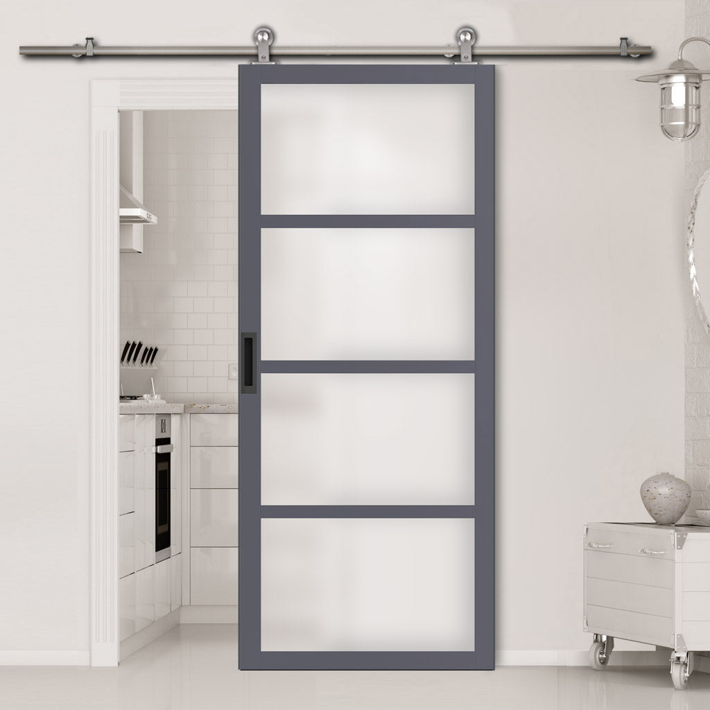 Sirius Tubular Stainless Steel Track & Solid Wood Door - Eco-Urban® Brooklyn 4 Pane Door DD6308SG - Frosted Glass - 6 Colour Options