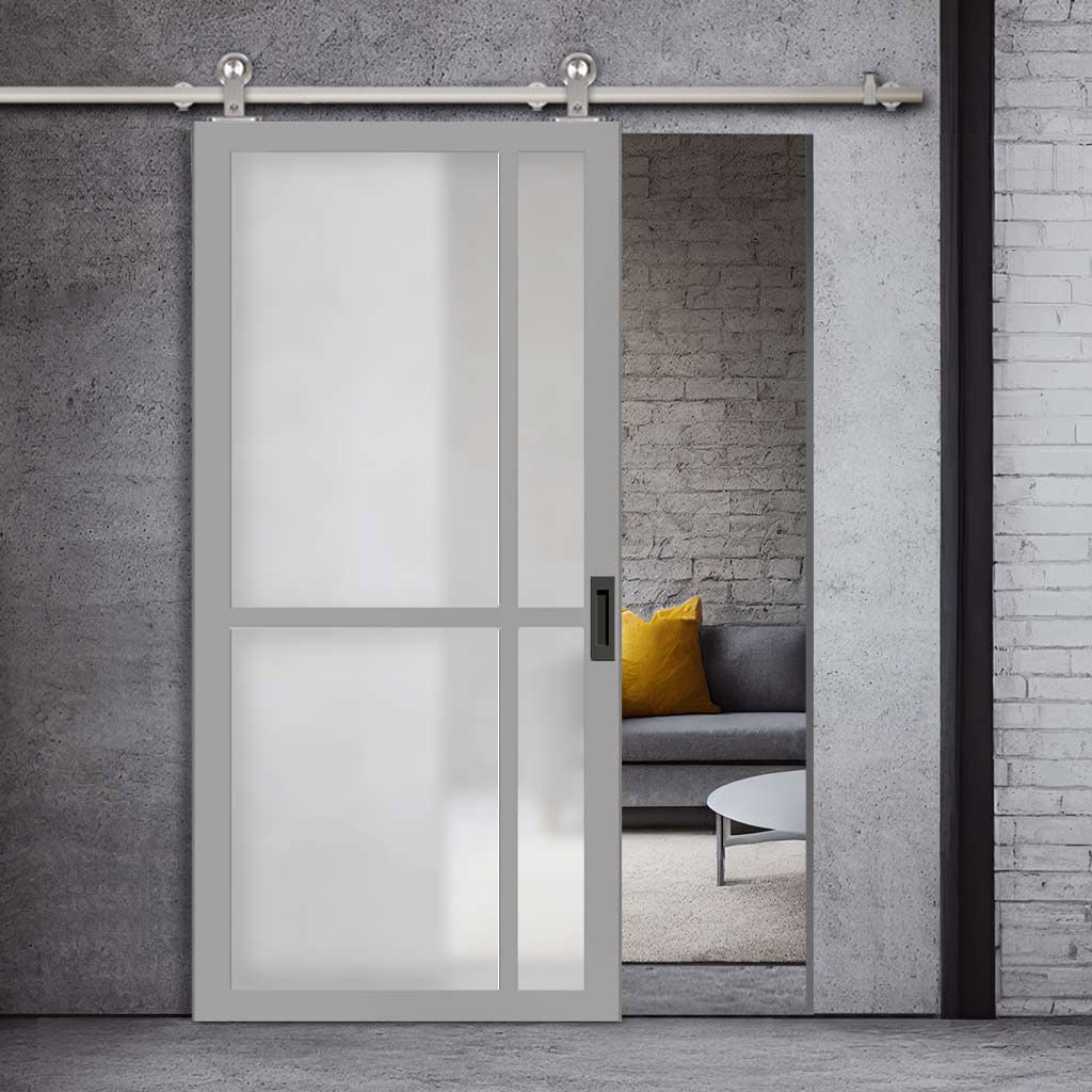 Sirius Tubular Stainless Steel Track & Solid Wood Door - Eco-Urban® Marfa 4 Pane Door DD6313SG - Frosted Glass - 6 Colour Options