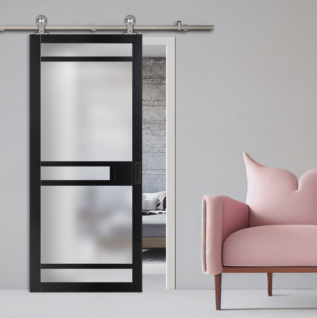Sirius Tubular Stainless Steel Track & Solid Wood Door - Eco-Urban® Sheffield 5 Pane Door DD6312SG - Frosted Glass - 6 Colour Options