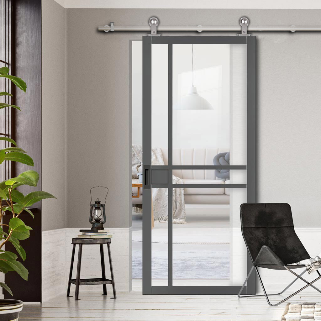 Sirius Tubular Stainless Steel Track & Solid Wood Door - Eco-Urban® Leith 9 Pane Door DD6316G - Clear Glass - 6 Colour Options