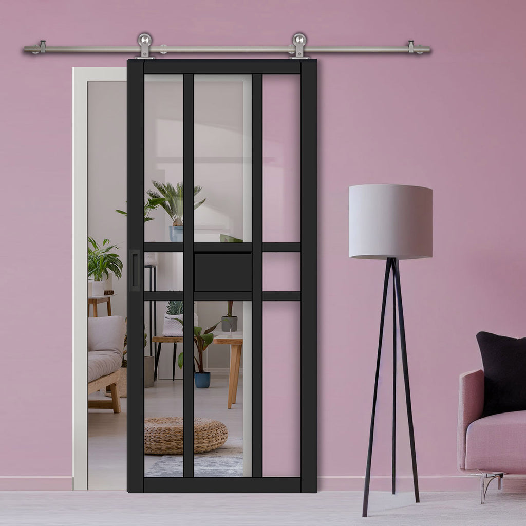 Sirius Tubular Stainless Steel Track & Solid Wood Door - Eco-Urban® Tromso 8 Pane 1 Panel Door DD6402G Clear Glass - 6 Colour Options