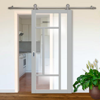 Image: Sirius Tubular Stainless Steel Track & Solid Wood Door - Eco-Urban® Morningside 5 Pane Door DD6437G Clear Glass - 6 Colour Options