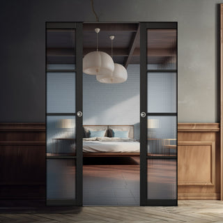 Image: Soho 4 Pane Black Primed Absolute Evokit Double Pocket Doors - Clear Reeded Glass - Prefinished