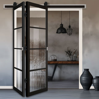 Image: SpaceEasi Top Mounted Black Folding Track & Double Door - Soho Black Internal Door - Clear Reeded Glass - Prefinished