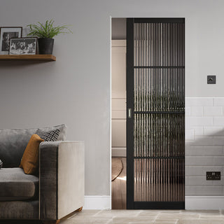 Image: Soho 4 Pane Black Primed Absolute Evokit Single Pocket Door - Clear Reeded Glass - Prefinished