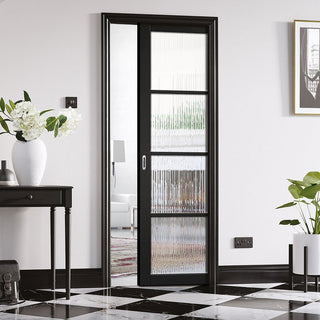 Image: Soho 4 Pane Black Single Evokit Pocket Door - Clear Reeded Glass - Prefinished