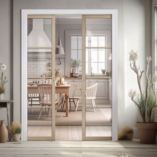 Image: Soho 4 Pane Blonde Oak Double Evokit Pocket Door - Clear Glass - Prefinished