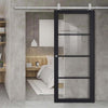 Top Mounted Stainless Steel Sliding Track & Door - Soho 4 Pane Charcoal Door - Clear Glass - Prefinished