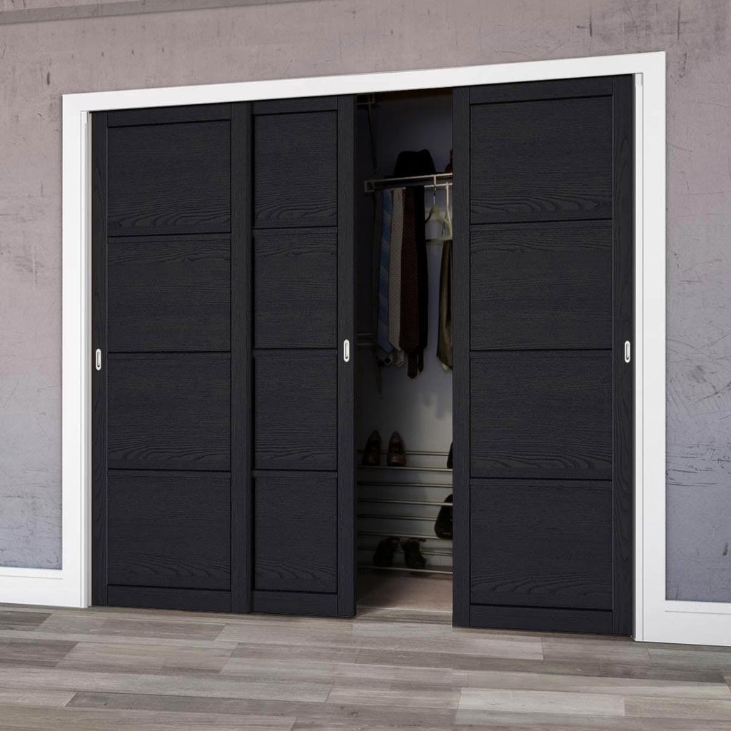 Minimalist Wardrobe Door & Frame Kit - Three Soho 4 Panel Charcoal Door - Prefinished