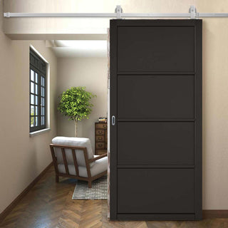 Image: Top Mounted Stainless Steel Sliding Track & Door - Soho 4 Panel Black Painted Door - Prefinished