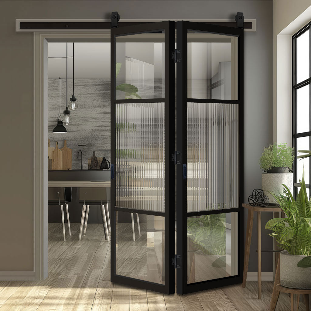 SpaceEasi Top Mounted Black Folding Track & Double Door - Sutton Black Internal Door - With Clear & Reeded Glass - Prefinished