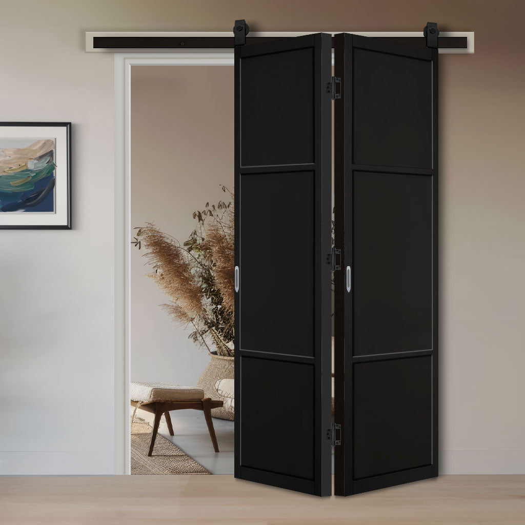 SpaceEasi Top Mounted Black Folding Track & Double Door - Sutton Panel Black Internal Door - Prefinished