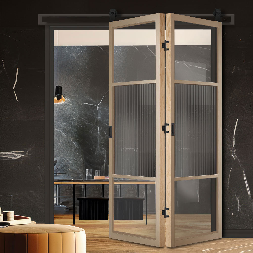 SpaceEasi Top Mounted Black Folding Track & Double Door - Sutton Blonde Oak Internal Door - With Clear & Reeded Glass - Prefinished