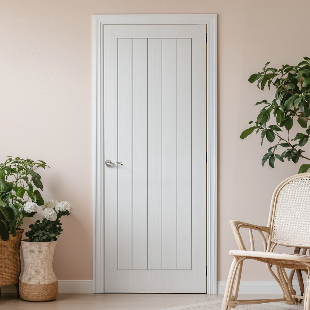 White Fire Internal Door, Textured Vertical 5 Panel Internal Door - 1/2 Hour Rated - White Primed