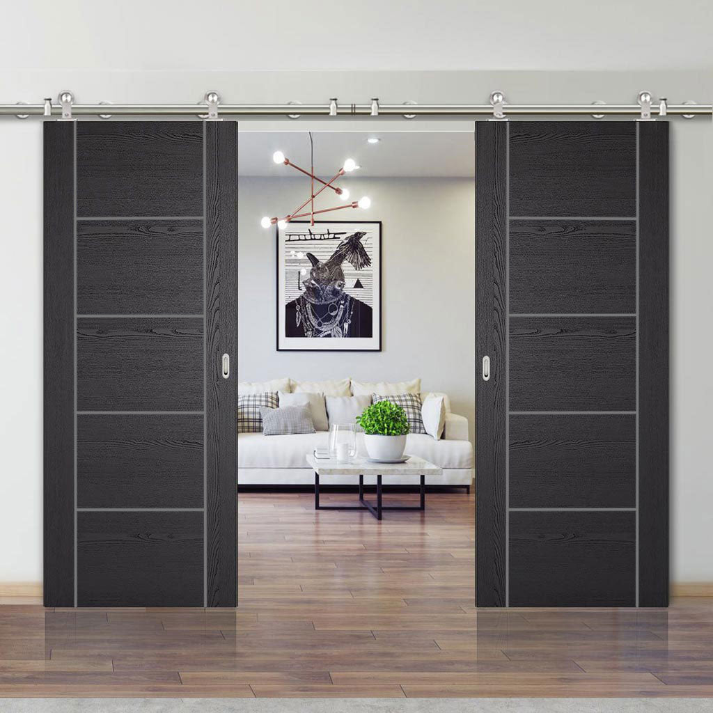 Sirius Tubular Stainless Steel Sliding Track & Laminate Vancouver Black Double Door - Prefinished