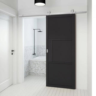 Image: Top Mounted Stainless Steel Sliding Track & Door - Tribeca 3 Panel Black Painted Door - Prefinished