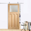 Top Mounted Stainless Steel Sliding Track & Door - DX Oak Door - Obscure Glass - 1930's Style - Unfinished