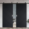 Top Mounted Black Sliding Track & Solid Wood Double Doors - V-Line® Grooved Flush Doors V002 - Premium Primed - Six Colour Options