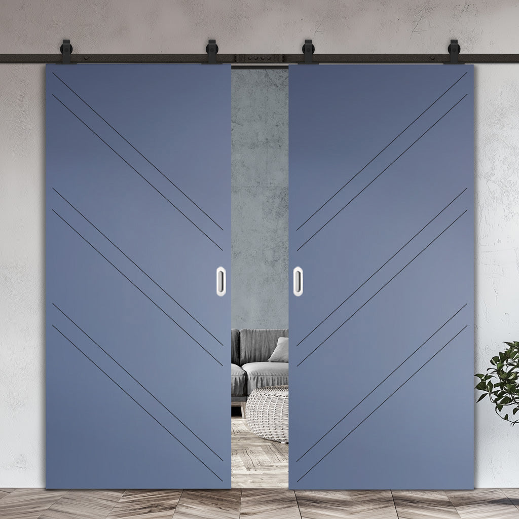 Top Mounted Black Sliding Track & Solid Wood Double Doors - V-Line® Grooved Flush Doors V002 - Premium Primed - Six Colour Options