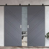 Top Mounted Black Sliding Track & Solid Wood Double Doors - V-Line® Grooved Flush Doors V002 - Premium Primed - Six Colour Options