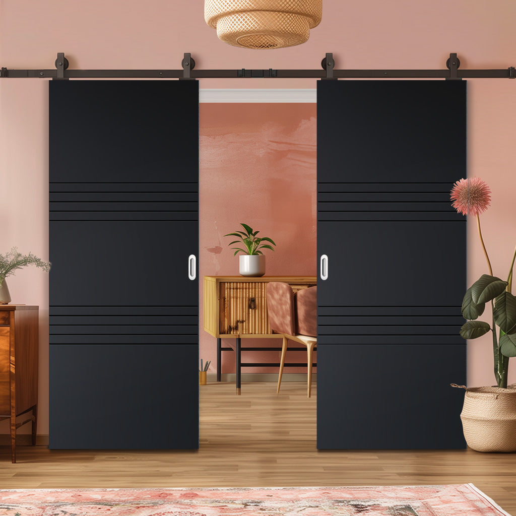 Top Mounted Black Sliding Track & Solid Wood Double Doors - V-Line® Grooved Flush Doors V006 - Premium Primed - Six Colour Options